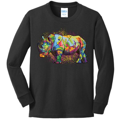 Colorful Rhino Art Splatter Kids Long Sleeve Shirt