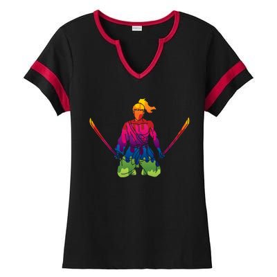 Colorful Samurai Katanas Swords Warrior Ladies Halftime Notch Neck Tee