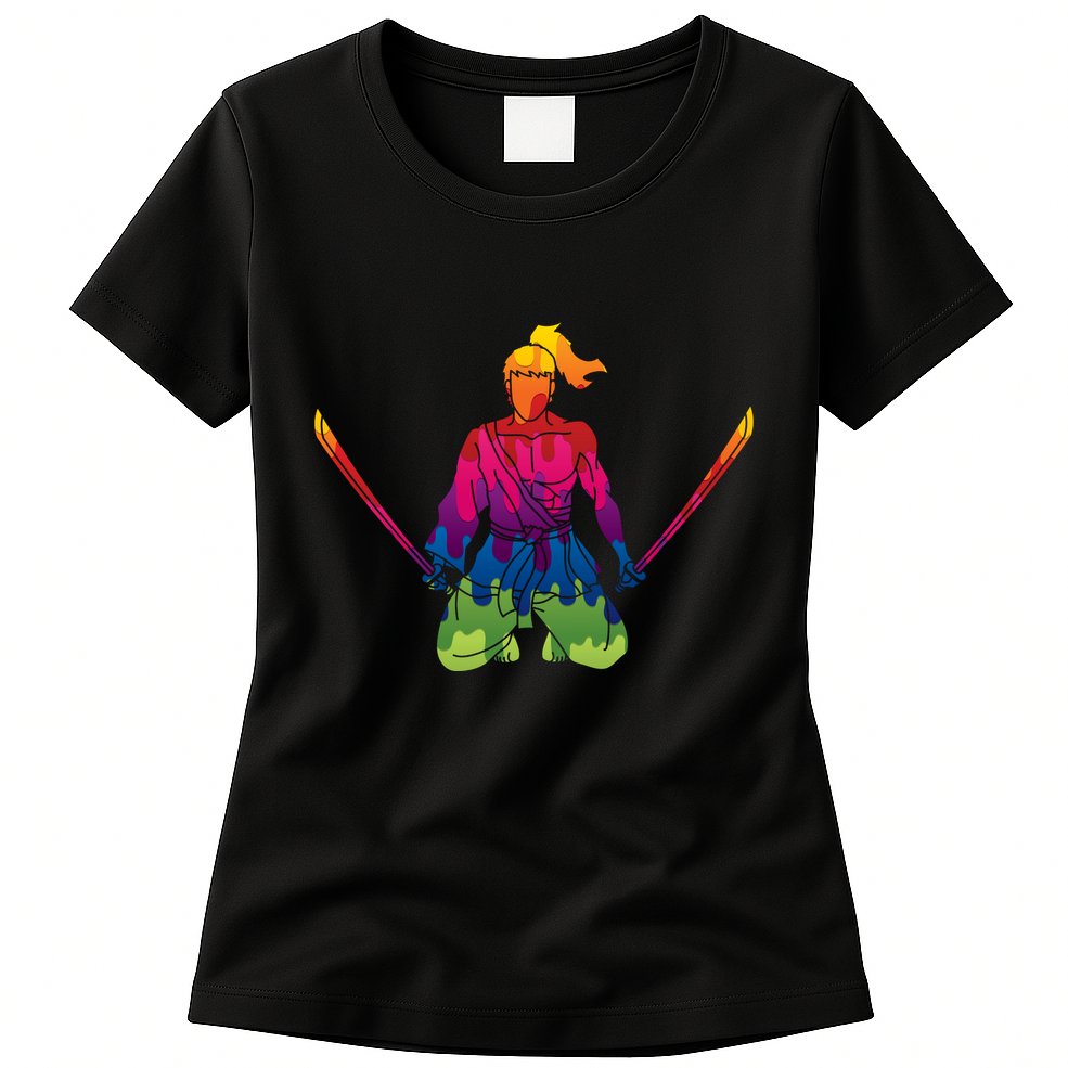 Colorful Samurai Katanas Swords Warrior Womens T-Shirt
