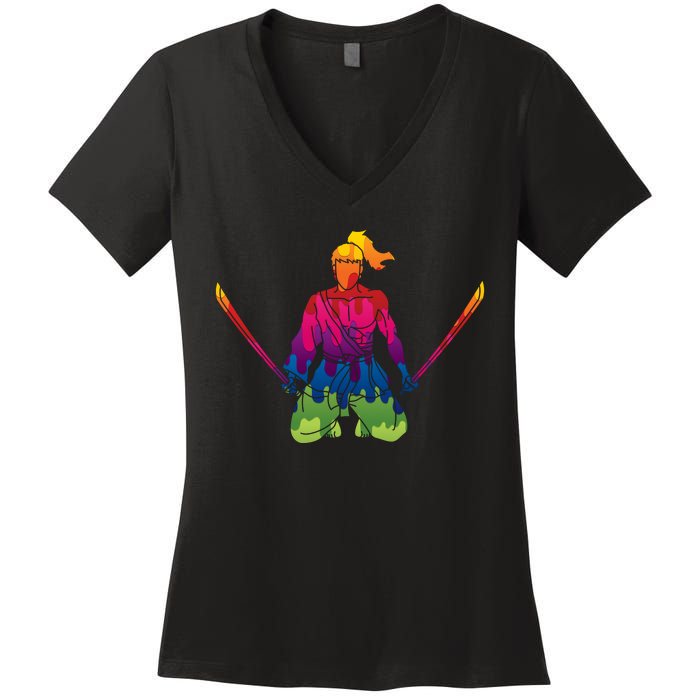 Colorful Samurai Katanas Swords Warrior Women's V-Neck T-Shirt