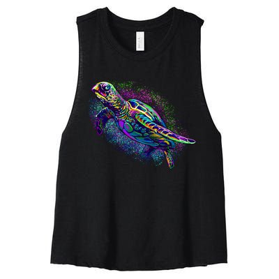 Colorful Sea Turtle Art Pattern Women's Racerback Cropped Tank