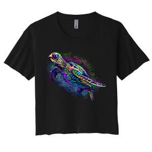 Colorful Sea Turtle Art Pattern Women's Crop Top Tee