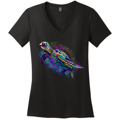 Colorful Sea Turtle Art Pattern Women's V-Neck T-Shirt