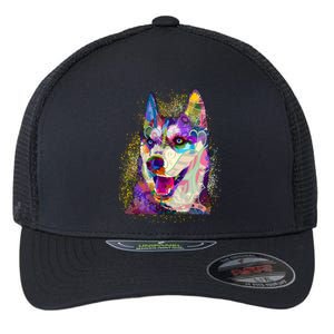 Colorful Siberian Husky Flexfit Unipanel Trucker Cap