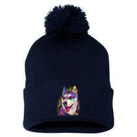 Colorful Siberian Husky Pom Pom 12in Knit Beanie