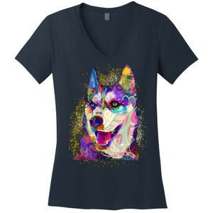 Colorful Siberian Husky Women's V-Neck T-Shirt