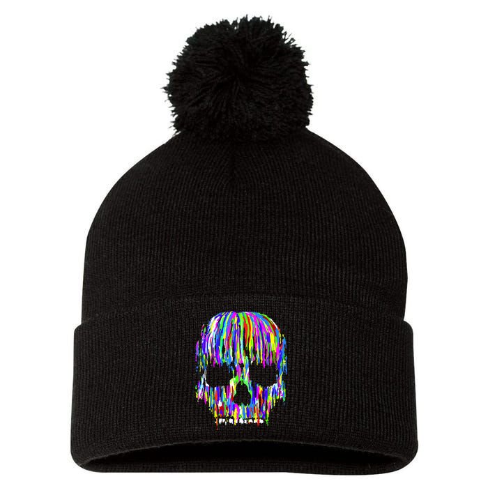 Colorful Skull Head Pom Pom 12in Knit Beanie