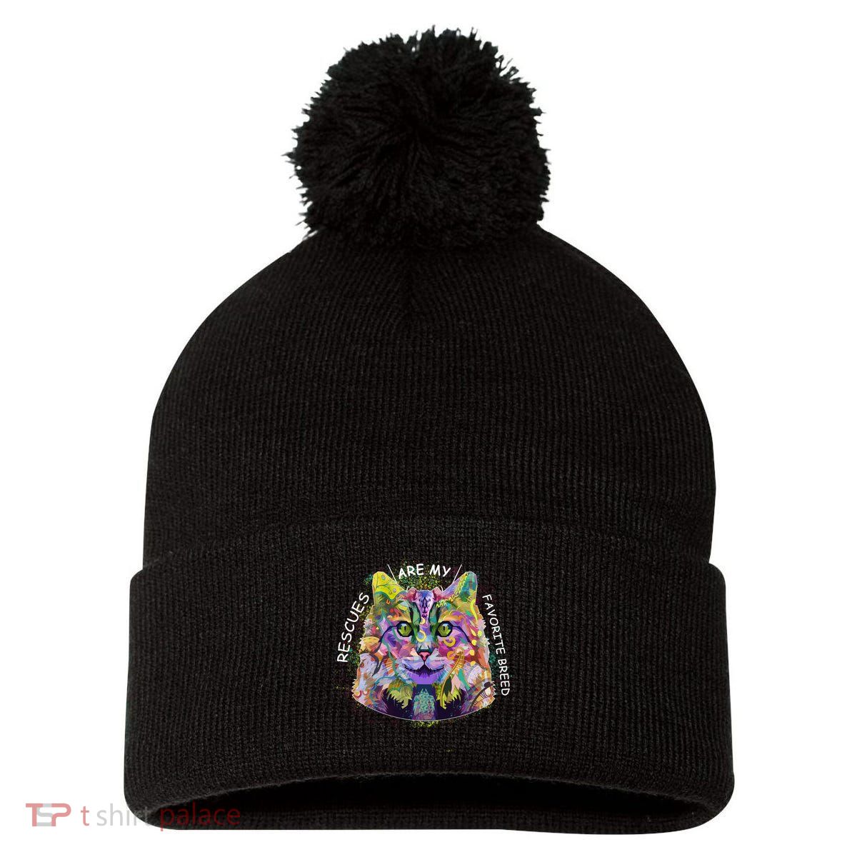 Colorful Texture Cat Rescues Are My Favorite Pom Pom 12in Knit Beanie
