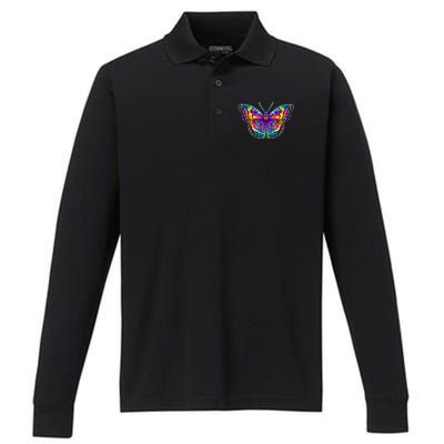 Colorful Texture Trippy Butterfly Performance Long Sleeve Polo