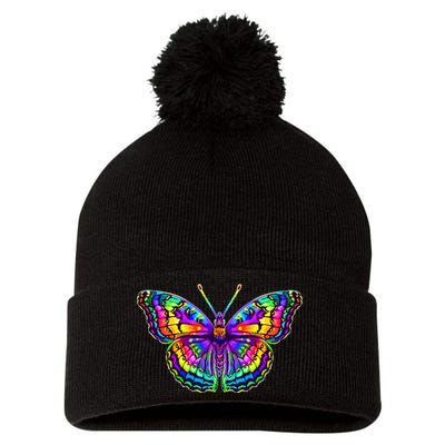 Colorful Texture Trippy Butterfly Pom Pom 12in Knit Beanie