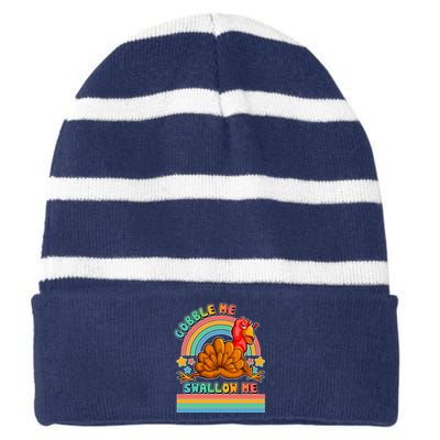 Colorful Thanksgiving Gobble Me Swallow Me Turkey Striped Beanie with Solid Band