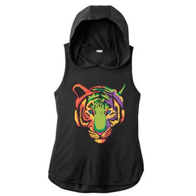 Colorful Tiger Head Ladies PosiCharge Tri-Blend Wicking Draft Hoodie Tank