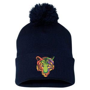 Colorful Tiger Head Pom Pom 12in Knit Beanie