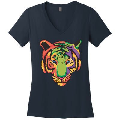 Colorful Tiger Head Women's V-Neck T-Shirt