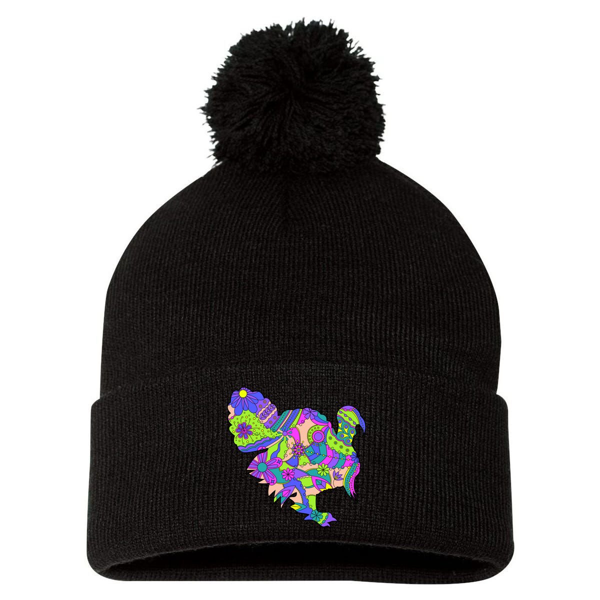Colorful Turkey Abstract Pom Pom 12in Knit Beanie
