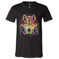 Colorful Wild Wolf Art Pattern V-Neck T-Shirt