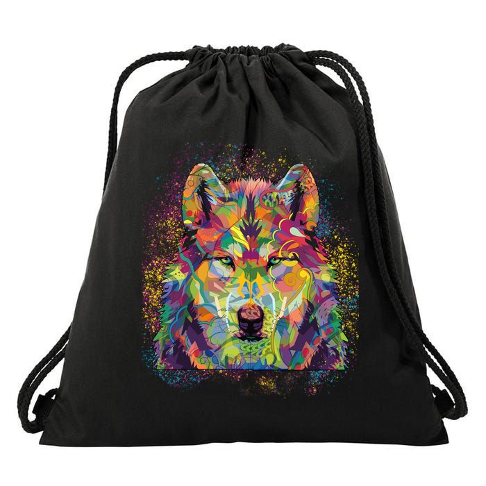 Colorful Wild Wolf Art Pattern Drawstring Bag
