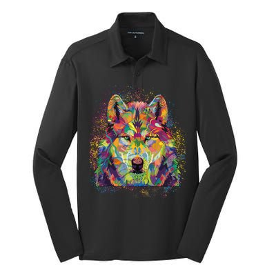 Colorful Wild Wolf Art Pattern Silk Touch Performance Long Sleeve Polo