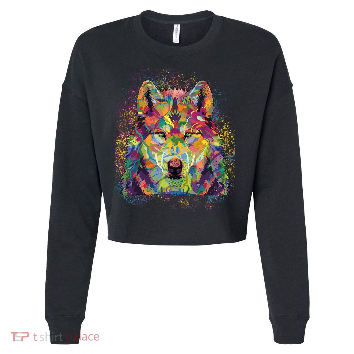 Colorful Wild Wolf Art Pattern Cropped Pullover Crew