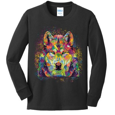 Colorful Wild Wolf Art Pattern Kids Long Sleeve Shirt