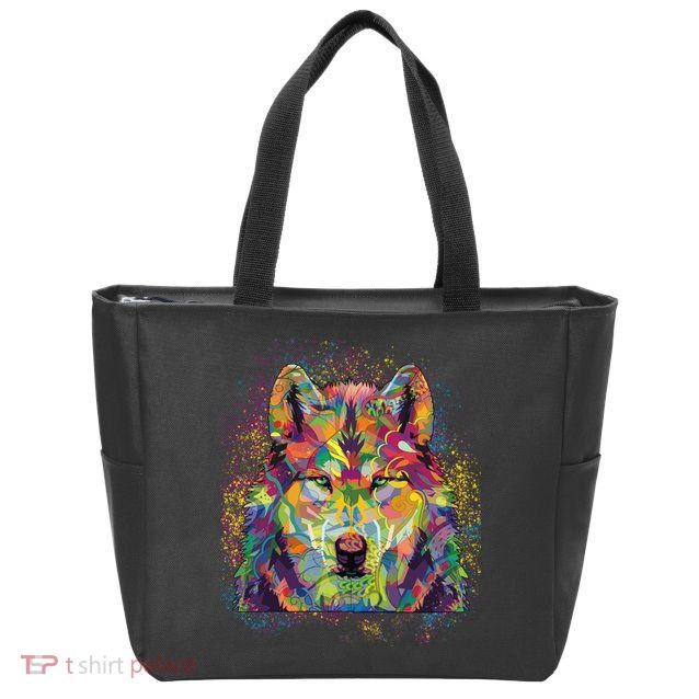 Colorful Wild Wolf Art Pattern Zip Tote Bag