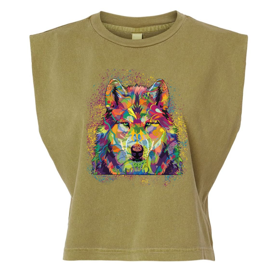 Colorful Wild Wolf Art Pattern Garment-Dyed Women's Muscle Tee