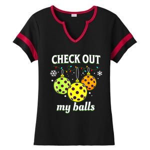 Check Out My Balls Funny Pickleball Christmas Decoration Ladies Halftime Notch Neck Tee