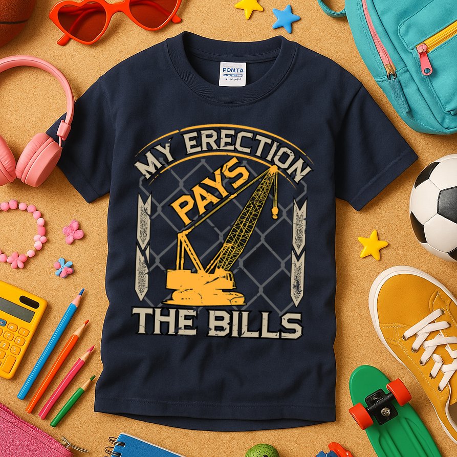 Crane Operator My Erection Pays The Bills Funny Construction Kids T-Shirt