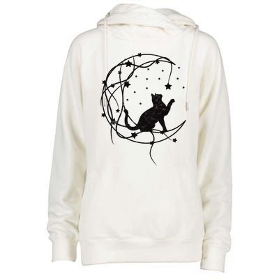 Cat On Moon With Stars Vintage Retro Womens Funnel Neck Pullover Hood