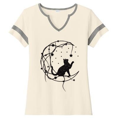 Cat On Moon With Stars Vintage Retro Ladies Halftime Notch Neck Tee