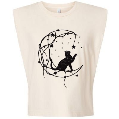 Cat On Moon With Stars Vintage Retro Garment-Dyed Women's Muscle Tee