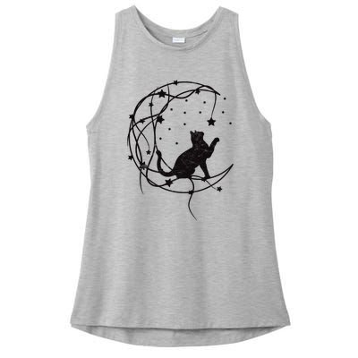 Cat On Moon With Stars Vintage Retro Ladies PosiCharge Tri-Blend Wicking Tank