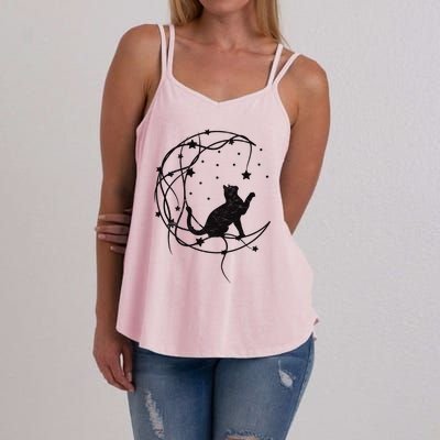 Cat On Moon With Stars Vintage Retro Women's Strappy Tank