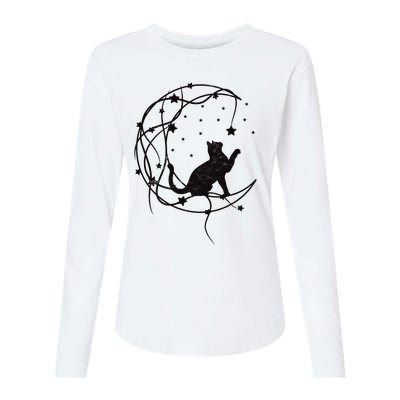 Cat On Moon With Stars Vintage Retro Womens Cotton Relaxed Long Sleeve T-Shirt