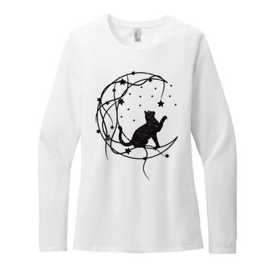 Cat On Moon With Stars Vintage Retro Womens CVC Long Sleeve Shirt