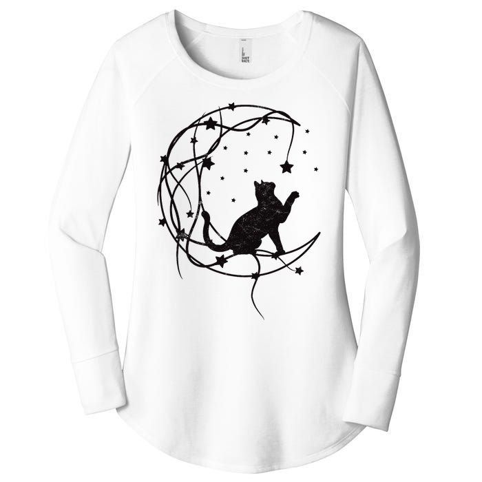 Cat On Moon With Stars Vintage Retro Women's Perfect Tri Tunic Long Sleeve Shirt