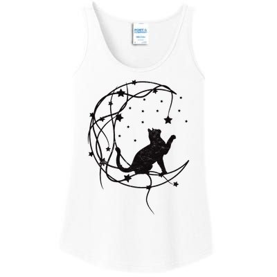 Cat On Moon With Stars Vintage Retro Ladies Essential Tank