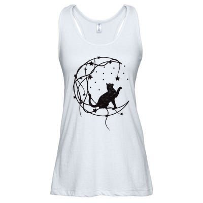 Cat On Moon With Stars Vintage Retro Ladies Essential Flowy Tank