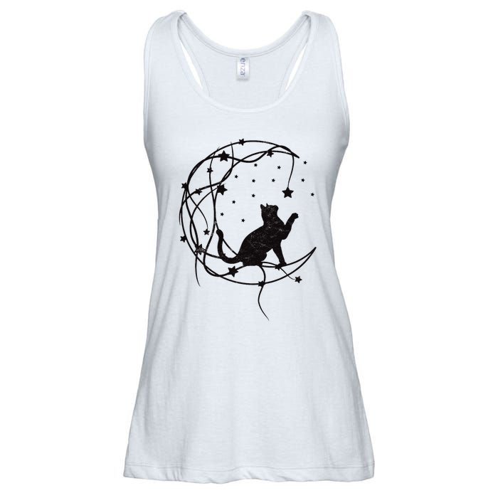 Cat On Moon With Stars Vintage Retro Ladies Essential Flowy Tank