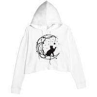 Cat On Moon With Stars Vintage Retro Crop Fleece Hoodie