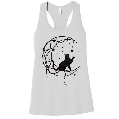 Cat On Moon With Stars Vintage Retro Women's Racerback Tank