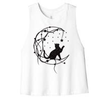 Cat On Moon With Stars Vintage Retro Women's Racerback Cropped Tank