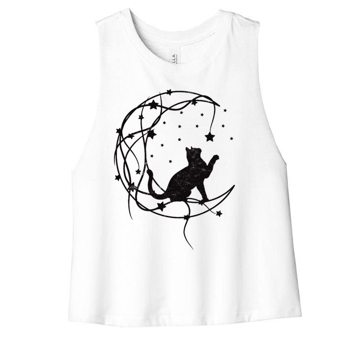 Cat On Moon With Stars Vintage Retro Women's Racerback Cropped Tank