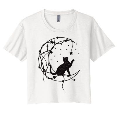 Cat On Moon With Stars Vintage Retro Women's Crop Top Tee