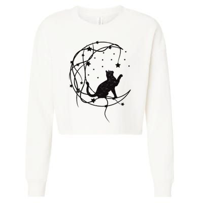 Cat On Moon With Stars Vintage Retro Cropped Pullover Crew