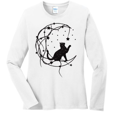 Cat On Moon With Stars Vintage Retro Ladies Long Sleeve Shirt