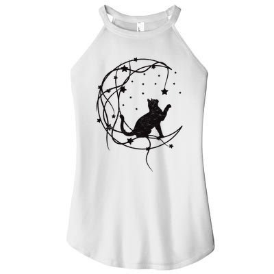 Cat On Moon With Stars Vintage Retro Women's Perfect Tri Rocker Tank