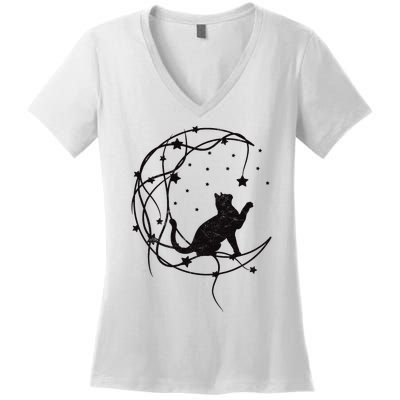 Cat On Moon With Stars Vintage Retro Women's V-Neck T-Shirt