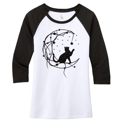 Cat On Moon With Stars Vintage Retro Women's Tri-Blend 3/4-Sleeve Raglan Shirt