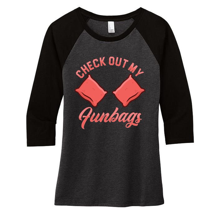 Check Out My Funbags Bean Bags Toss Cornhole Player Women's Tri-Blend 3/4-Sleeve Raglan Shirt